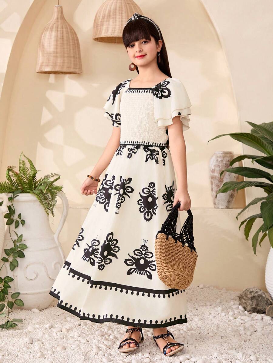 SHEIN 2 件套 Tween Girls 方领短袖印花简约上衣和裙子