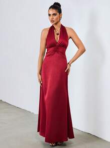 Chiquease Satijnen strik open rug jurk - Bordeaux - Bekijken 6