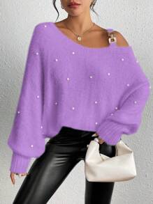 Calvaya Women's Fashion Embellished Asymmetric Shoulder Long Sleeve Pullover Sweater, Autumn/Winter