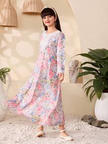 女童扎染花卉印花连衣裙，蓝色和粉色 - 粉色 - 查看 6