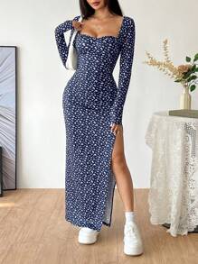 SHEIN Unity Leopard Print Square Neck Long Sleeve Split Hem Maxi Dress, Autumn/Winter Casual Daily Outfit Fall Cloth For Women - Multicolor - View 3