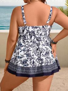 Swim Lushoire Plus Size 2pcs/Set Floral Random Retro Print Cross Front Adjustable Strap Dress & High Waist Swim Shorts, Elegant Ladies Beach Summer Vacation Swimsuit Set - Multicolor - View 2