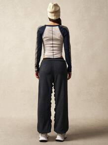 VARSITIE 羊毛拼布拉链口袋宽松休闲运动裤 - 深灰色 - 查看 2