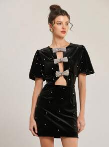Aveloria Rosie Elegant Vintage Rhinestone Bow Decor Hollow Sexy Puff Sleeve Waisted Velvet Glitter Polka Dot Embellished Mini Dress For Women All Over Print  For Summer