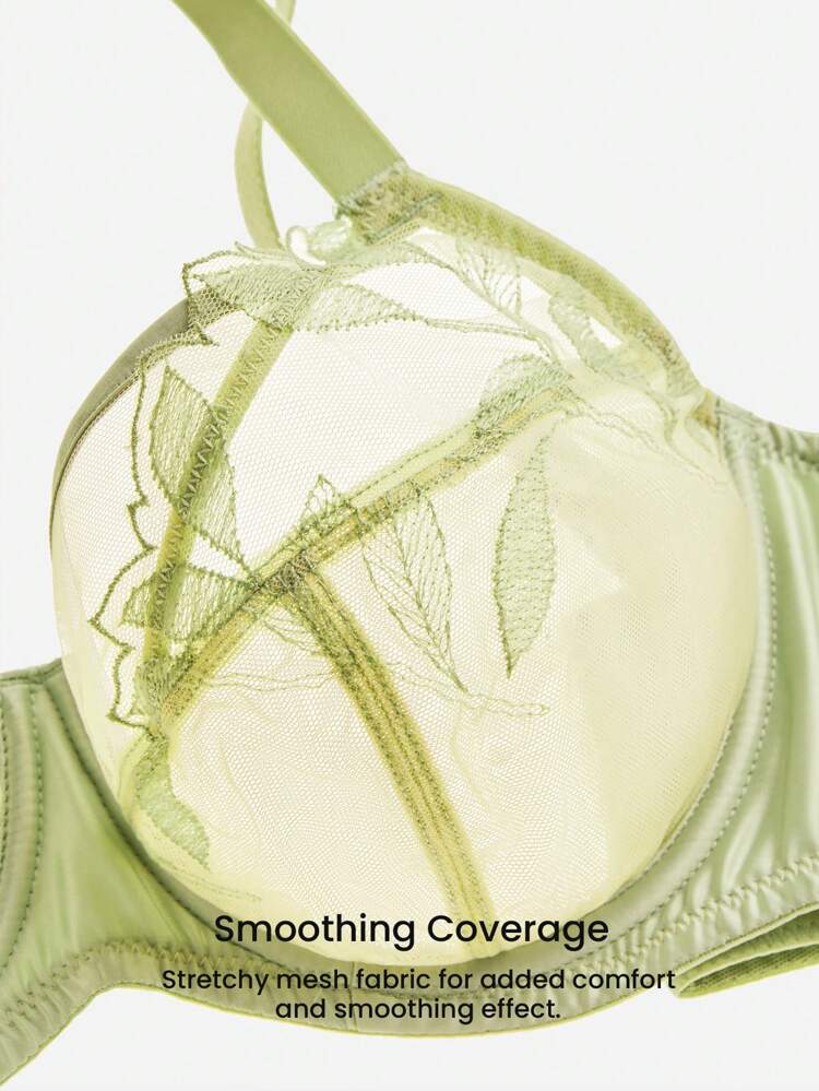 プラスサイズ 刺繍エレガンスランジェリーラウンジ カーブ フルカバレッジ 通気性 アンラインド フローラルレース グリーン シアー ミニマイザー メッシュブラ