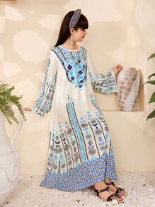 Tween Girls Printed Pattern Detailed Long Dress - Multicolor - View 3