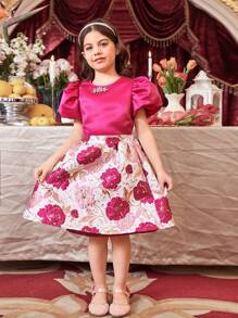 SHEIN 2pcs Girls Slim Fit Adorable Puff Sleeve Rhinestone Embellished Round Neck Shirt And Jacquard Skirt Set - Hot Pink - View 5