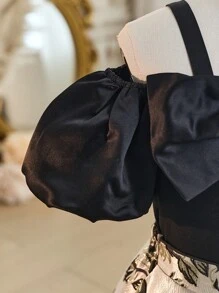 SHEIN Leap Crew Conjunto de 2 piezas para niñas preadolescentes con top sin mangas con hombros descubiertos con gran lazo decorativo y falda plisada con elegante estampado floral jacquard negro y dorado, vestido de niña de las flores, apto para fiesta, vuelta al colegio, elegante y estilo francés princesa - Negro - Ver 12
