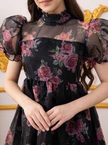 Teen Girl Elegant Floral Allover Print Puff Sleeve Dress - Black - View 6