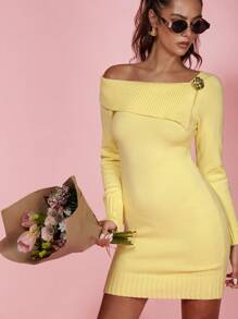 COSMINA Women's Elegant Modest Solid Color Asymmetrical Collar Fitted Sweater Dress