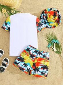 SHEIN Leap Crew Tween Boy Vacation Casual Rash Guard Swimsuit Set - White - View 2