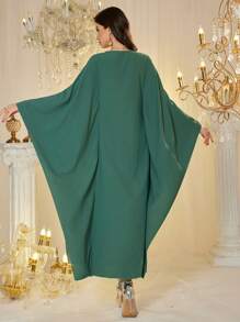 Al Najma Floral Embroidery Panel Robe, Romantic Party Gown - Green - View 2