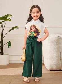 SHEIN 2 件套年轻女孩印花衬衫和松紧腰带休闲裤，可调节腰带设计 - 彩色 - 查看 4