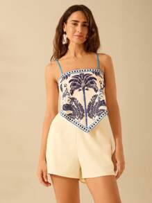 CAJUNI 女式波西米亚风热带椰子树和鹦鹉印花 V 领系带后背吊带背心，夏季休闲沙滩背心 - 彩色 - 查看 5