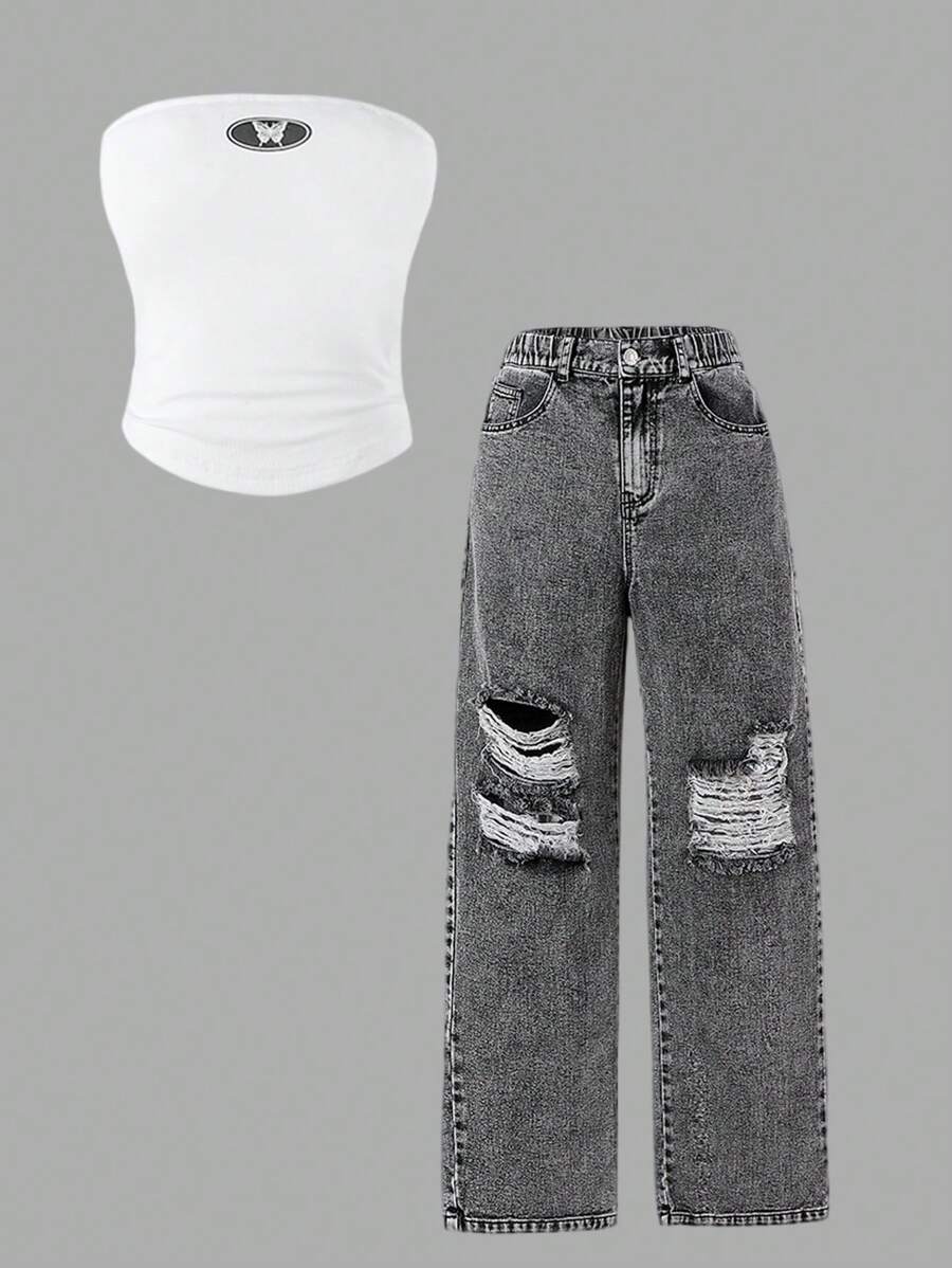 Teen Girls Distressed Denim Jeans With Butterfly Print Tank Top - White - View 1