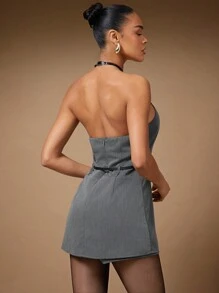Hauture Summer Dark Grey Seksi Chic Club Night Halter Cutout Backless Romper For Women,Fashionable Solid Casual Jumpsuits For Parties,Concerts & Old Money - Grey - View 3