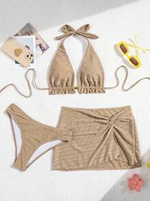 Swim EVENT Women's 3PCS Spring Break Swimwear Set - Deep V-Neck Halterneck Tie Top & Bottom & Overlay Skirt, Fashion Summer Beach Vacation Holiday