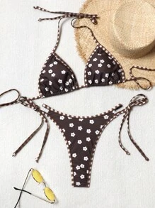 SHEIN Swim Women's Floral Printed Halter Tie Side Bikini Set, For Summer Beach Vacation - Multicolor - View 1