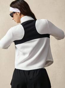 VARSIVA Long Sleeve Workout Top High Neck Long Sleeve Contrast Color Block Zippered Hemline Fluffy Jacket - Black and White - View 2
