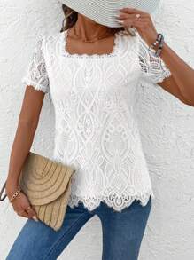 SHEIN LUNE Wakacyjna, swobodna, minimalistyczna, jednokolorowa, koronkowa koszulka z krótkim rękawem
