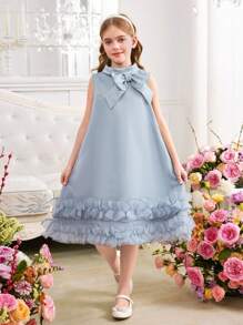 SHEIN Tween Girl 蝴蝶结领荷叶边无袖 A 字形欧根纱连衣裙