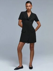 Athîral Women Casual Commuter Solid Color Button Front Short Dress