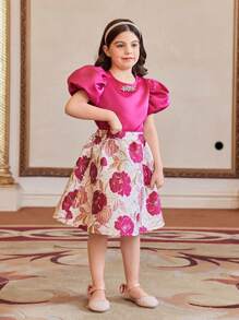 SHEIN 2pcs Girls Slim Fit Adorable Puff Sleeve Rhinestone Embellished Round Neck Shirt And Jacquard Skirt Set - Hot Pink - View 6