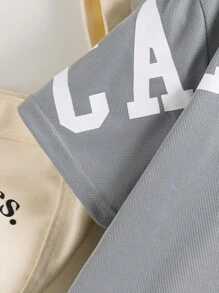 SHEIN 2 件套青少年男童休闲百搭舒适街头风格字母印花宽松短袖针织 T 恤和短裤，适合学校、花园、海滩、生日、春夏秋冬 - 灰色 - 查看 4