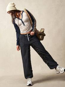 VARSITIE 羊毛拼布拉链口袋宽松休闲运动裤 - 深灰色 - 查看 4