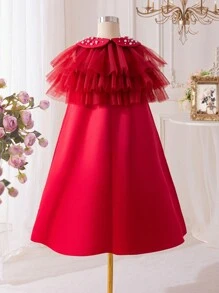 SHEIN Set da 2 pezzi composto da un gilet corto in maglia larga e paillettes e un vestito smanicato monocromatico per ragazze pre-adolescenti - Bordò - Visualizzare 10