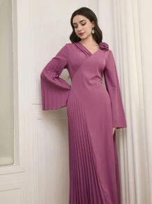 Modelyn Women's V-Neck Pleated Patchwork A-Line Dress, Elegant Style Suitable For Spring & Summer