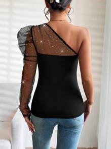 SHEIN Privé Women's One Shoulder Rhinestone Mesh See Through Top,Off The Shoulder Top - Black - View 2