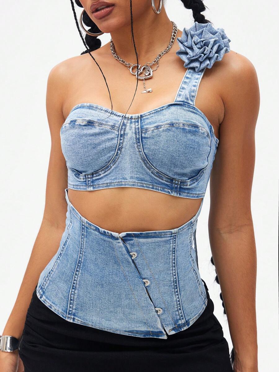 Jeanoix 女士牛仔系带镂空 3D 花卉装饰单肩衬衫