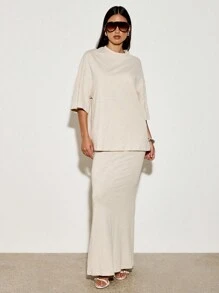 AiiRZ 奢华休闲套装平纹针织套装超大 T 恤长裙套装度假装时尚沙滩装夏季假日休闲优雅套装