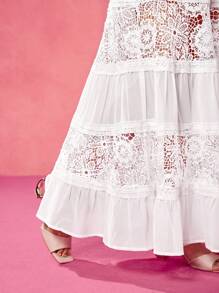 VERO DIAZ Designer Women Boho Bohemian White Lace Chiffon Layered Panels Elastic Waistband Elegant Long Skirt For Spring & Summer Vacation, Beach, Cruise, Festival, Concert, Elegant, Ibiza Fits - White - View 2