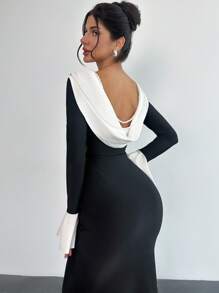 Firerie Women's Black And White Contrast Back Pile Collar Pearl Chain Slim Maxi Dress, Elegant Autumn Ruffle Trim Long-Sleeve Backless Dress For Dining Party - Black - View 5