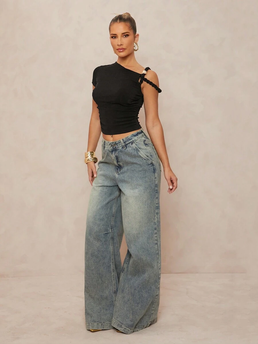 Lumalex Spring Old Money Outing Summer Swimsuit Swimwear Swim Vacation Easter Bohemian BOHO Sea Beach Hot Outdoor Richly Layered Wedding Season Banquet Coming Of Age Ceremony Beach Seaside 1pc Women Asymmetric Twist Collar Metal Decor Bodycon Top,Graduation,Teacher Outfits For Women,Back To School - Black - View 1