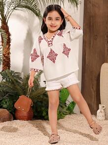 SHEIN Blusa de manga abullonada con estampado vintage casual para vacaciones de niñas jóvenes - Multicolor - Ver 5