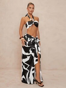 Lumalex 2 件女式套装：吊带高腰系带高开叉长裙 - 黑與白 - 查看 3