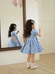 SHEIN 圆领短袖提花蝴蝶结收腰女童连衣裙。新款礼服上市，舒适时尚优雅甜美可爱清新。 - 藍色 - 查看 2