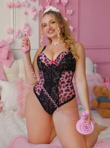PetitDoll Plus Size Romantic Lingerie: Leopard And Lace Teddy Babydoll Bodysuit