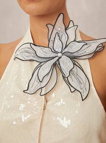 Lumalex Top sin espalda con cuello de halter, decoración floral 3D con lentejuelas para fiestas de lujo/festival de primavera
