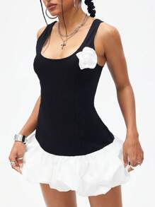 SHEIN ICON 街头风格女士牛仔紧身泡泡袖连衣裙 - 黑與白 - 查看 5