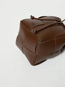 Mini Casual Woven Texture Drawstring Design Crossbody Bag - Coffee Brown - View 11