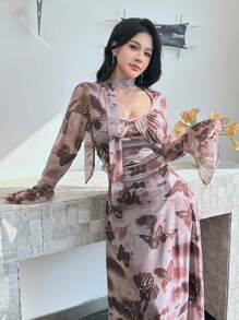 Modelyn Women's Maxi Mesh Tie-Dye Butterfly Print Romantic Elegant Bell Sleeve Fish Tail Dress, Spring/Summer