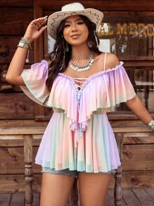 SHEIN LUNE Plus Size Bohemian Style Colorful Mesh Criss-Cross Tie Ruffle Trim Camisole Shirt - Multicolor - View 2