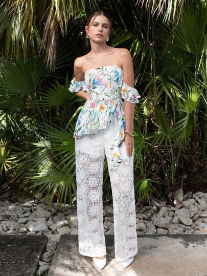 VERO DIAZ Designer Boho Bohemian Women's White Lace Shorts Lining Wide-Leg Pants For Spring And Summer Vacation, Beach Cruise, Valentine's Day, Festival, Ibiza Fits