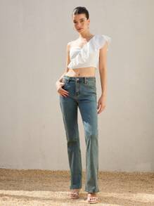 Chiquease Women's White Elegant Party Summer French Style Cropped Ruffled Asymmetric Shoulder Top,Slim Waist Design Sophisticated Textured Fabric Old Money - White - View 5