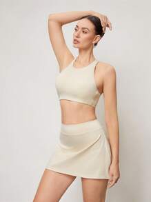 Activina Women's Solid Color Backless Top & Shorts Athletic Suit - Beige - View 5