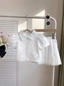 Young Girl Elegant Summer New Outfit, Girls Textured Fabric Puff Sleeve Top And Pleated Skirt 2pcs Set - White - View 6